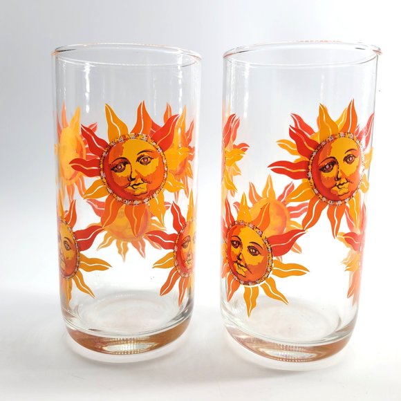 Vtg Libbey Celestial Orange Sun Sunshine Face Highball Tall Tumbler Glasses 5¾" - Picture 3 of 8